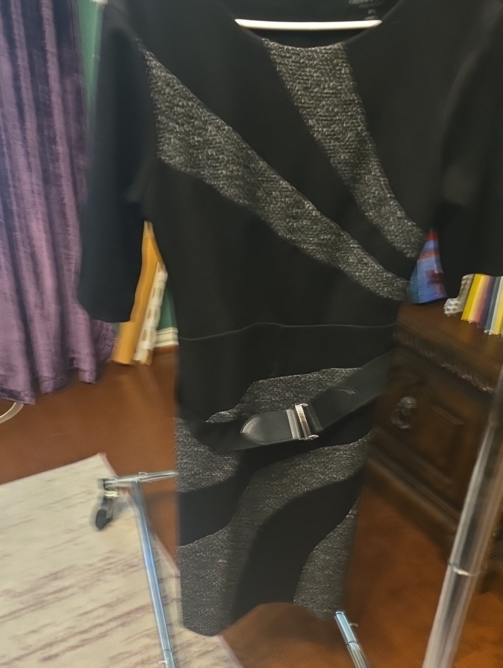 connected apparel Black and Gray Midi Knit Dress with Belt